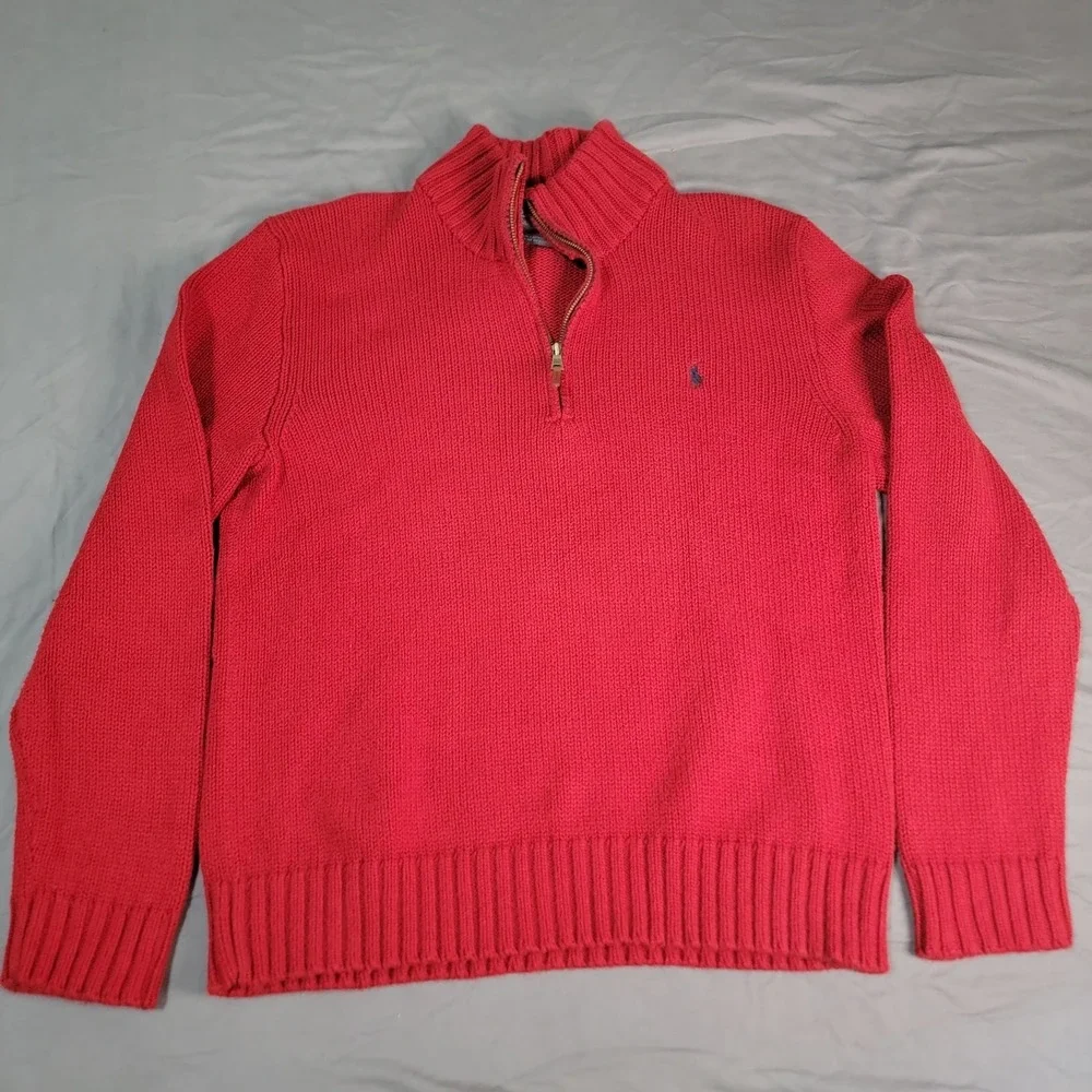 Vintage Polo Ralph Lauren Sweater Men's Large‎ Red 1/4 Zip 100% Cotton LS Pony